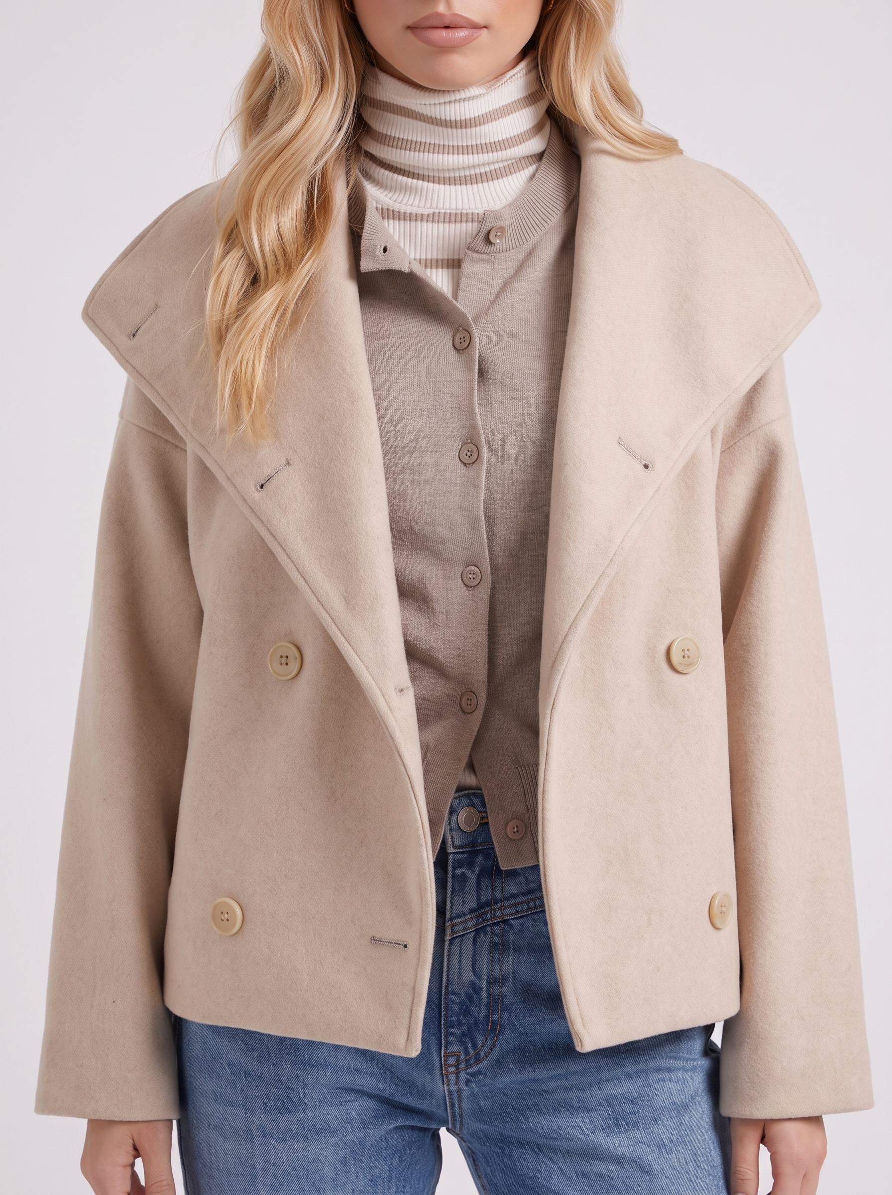 Pea Coat Womens Oversized Double Breasted Wool Blend Notch Collar