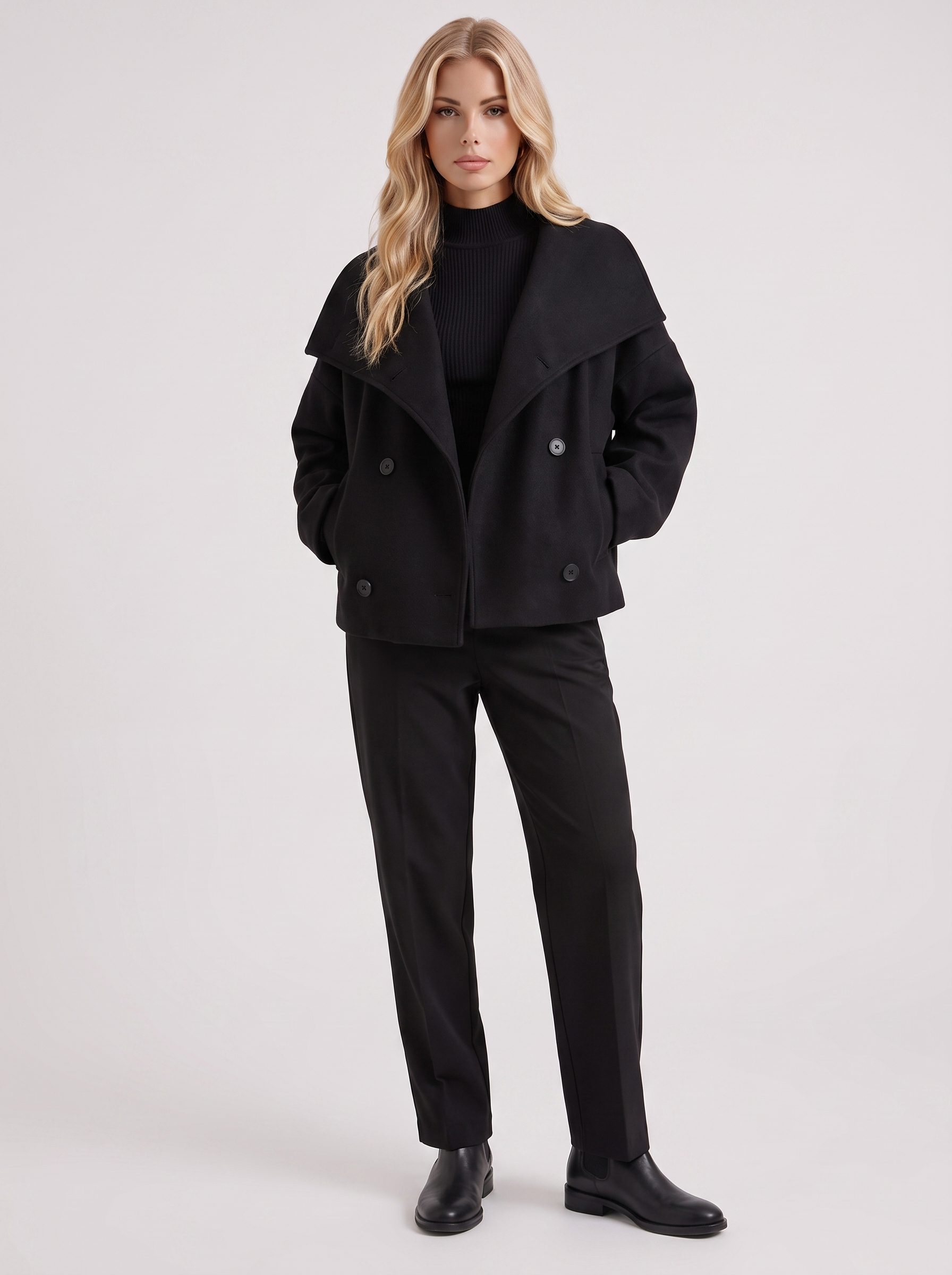 Pea Coat Womens Oversized Double Breasted Wool Blend Notch Collar