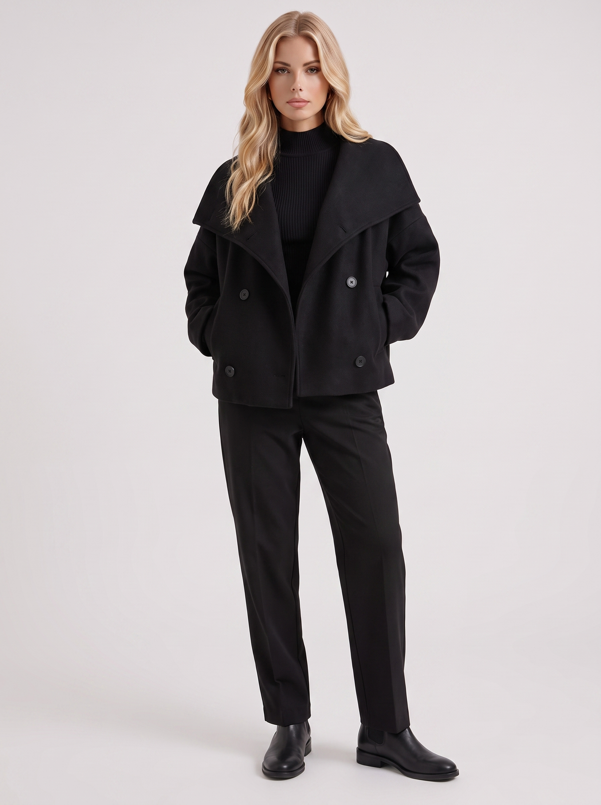Pea Coat Womens Oversized Double Breasted Wool Blend Notch Collar