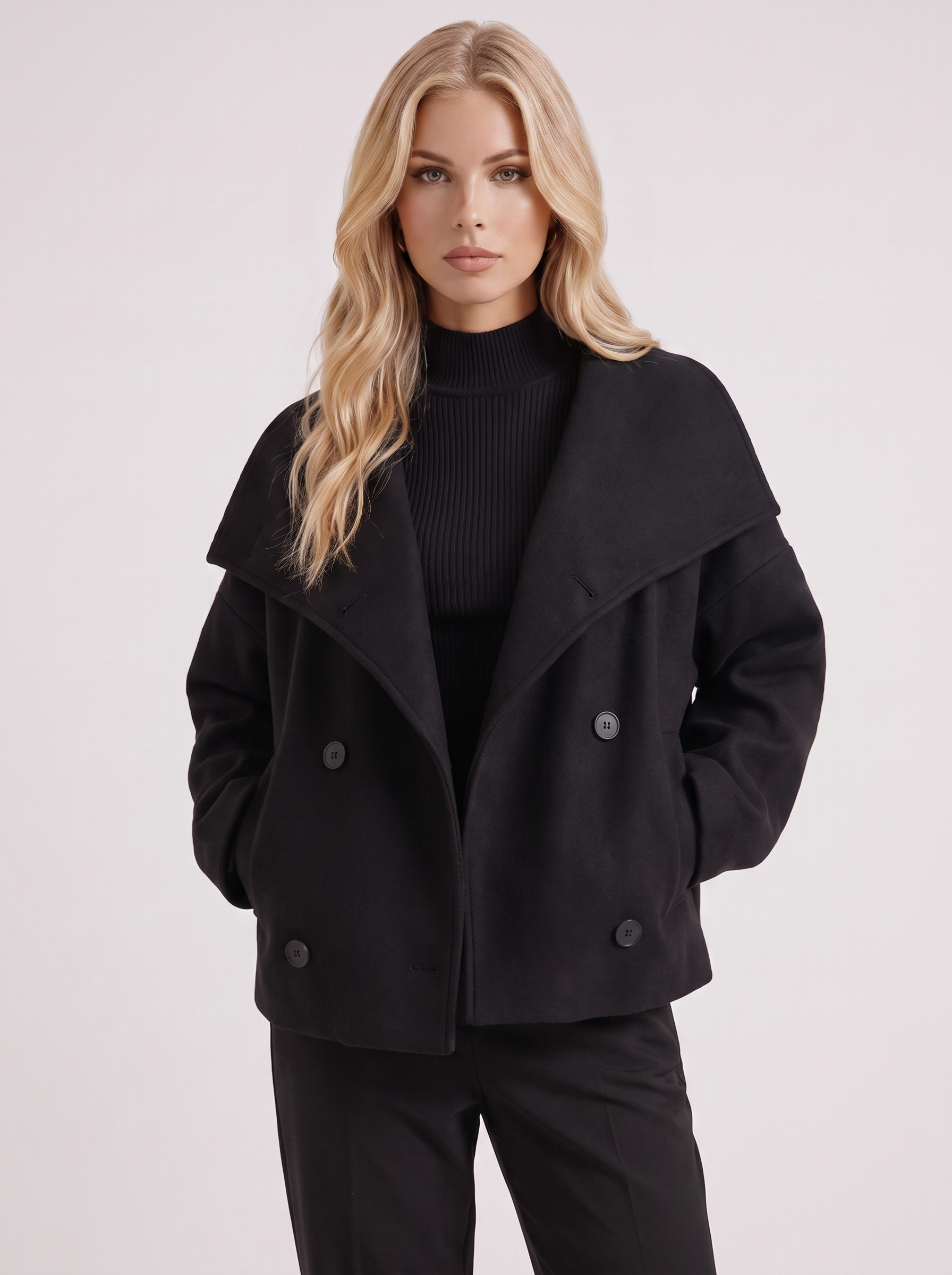 Pea Coat Womens Oversized Double Breasted Wool Blend Notch Collar