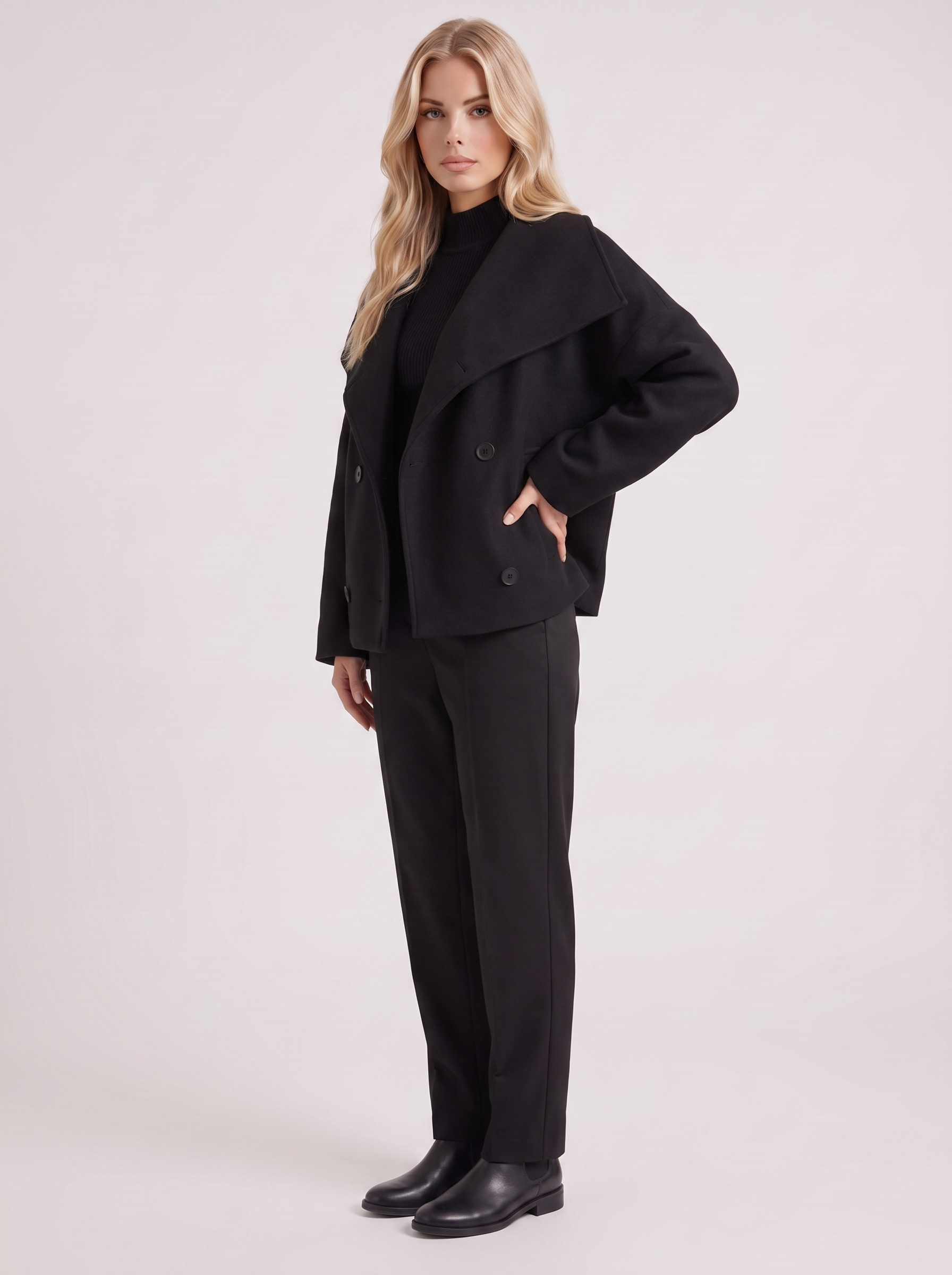 Pea Coat Womens Oversized Double Breasted Wool Blend Notch Collar