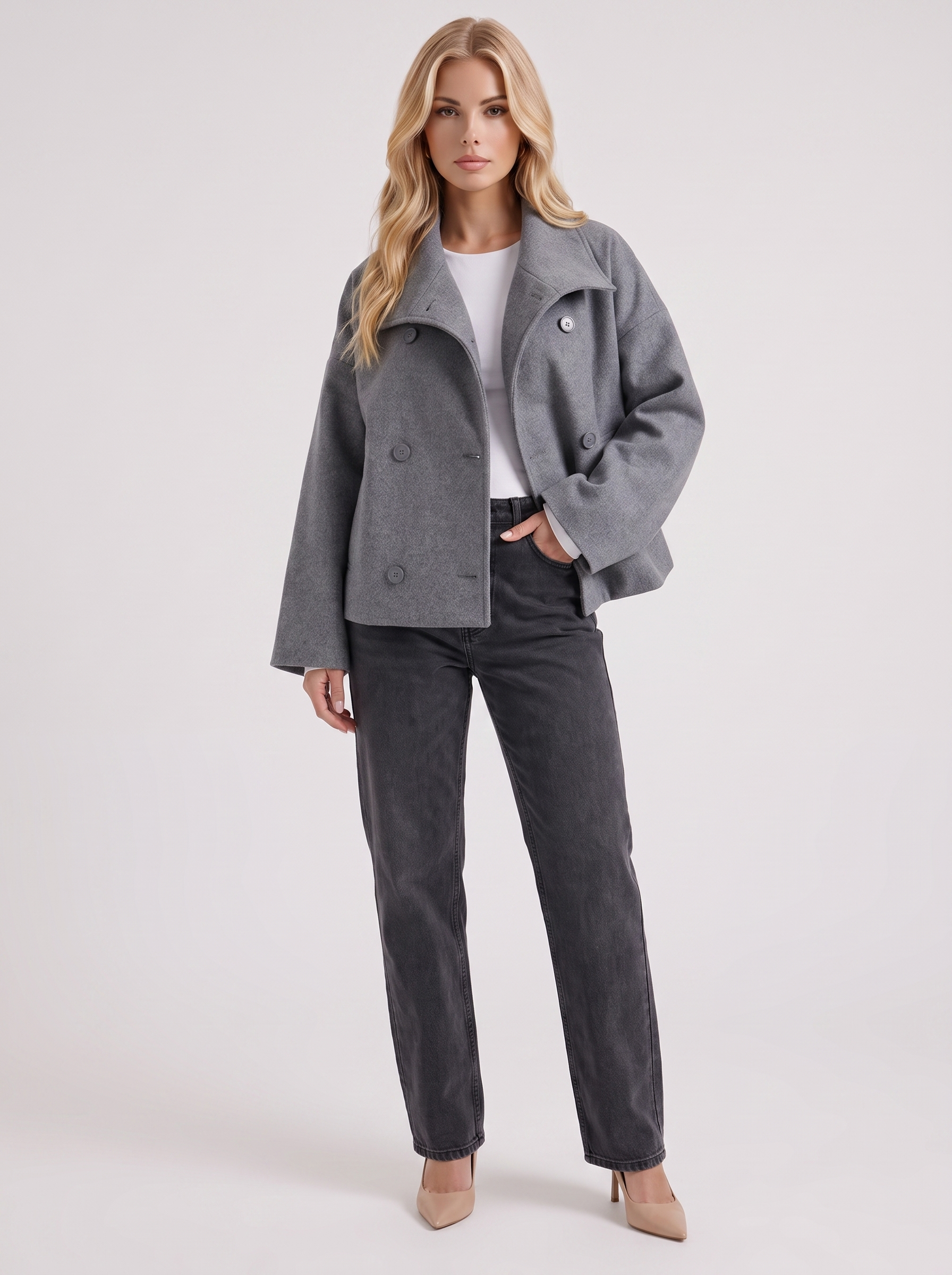 Pea Coat Womens Oversized Double Breasted Wool Blend Notch Collar