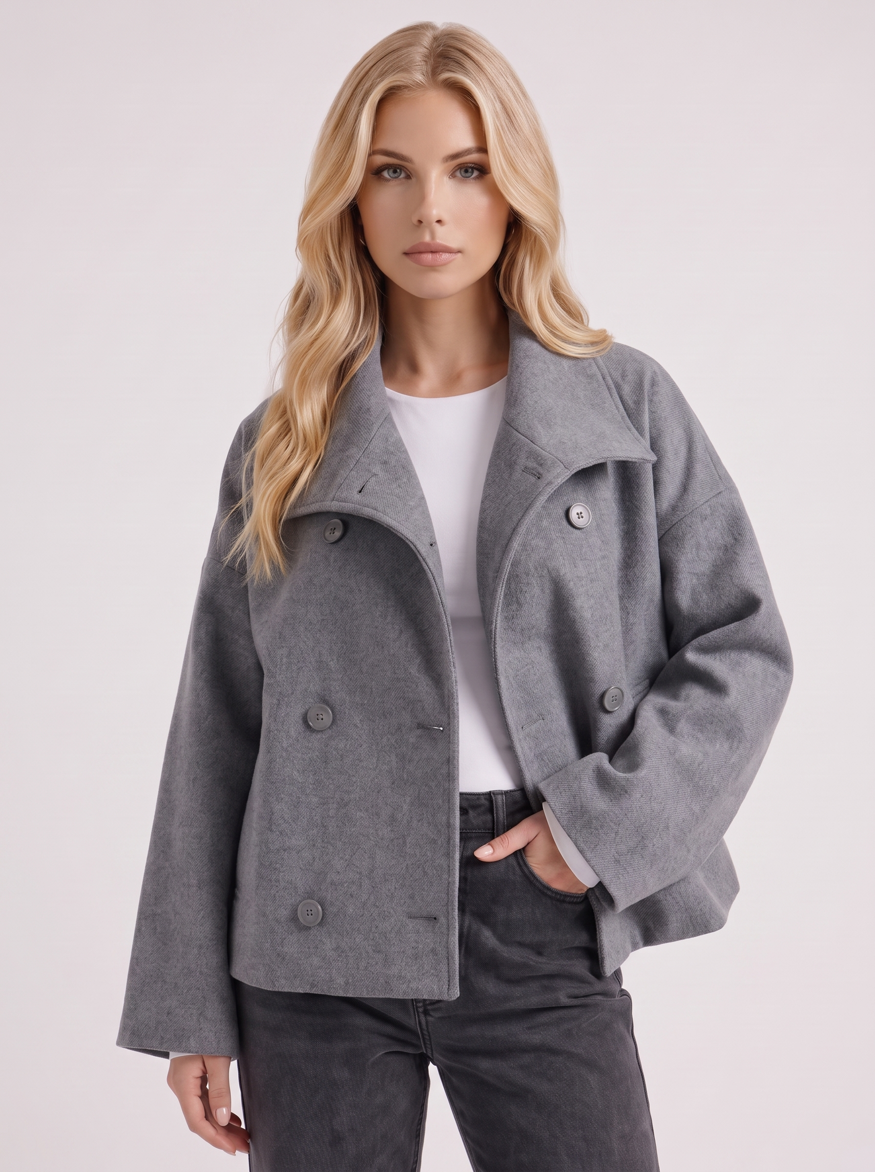 Pea Coat Womens Oversized Double Breasted Wool Blend Notch Collar