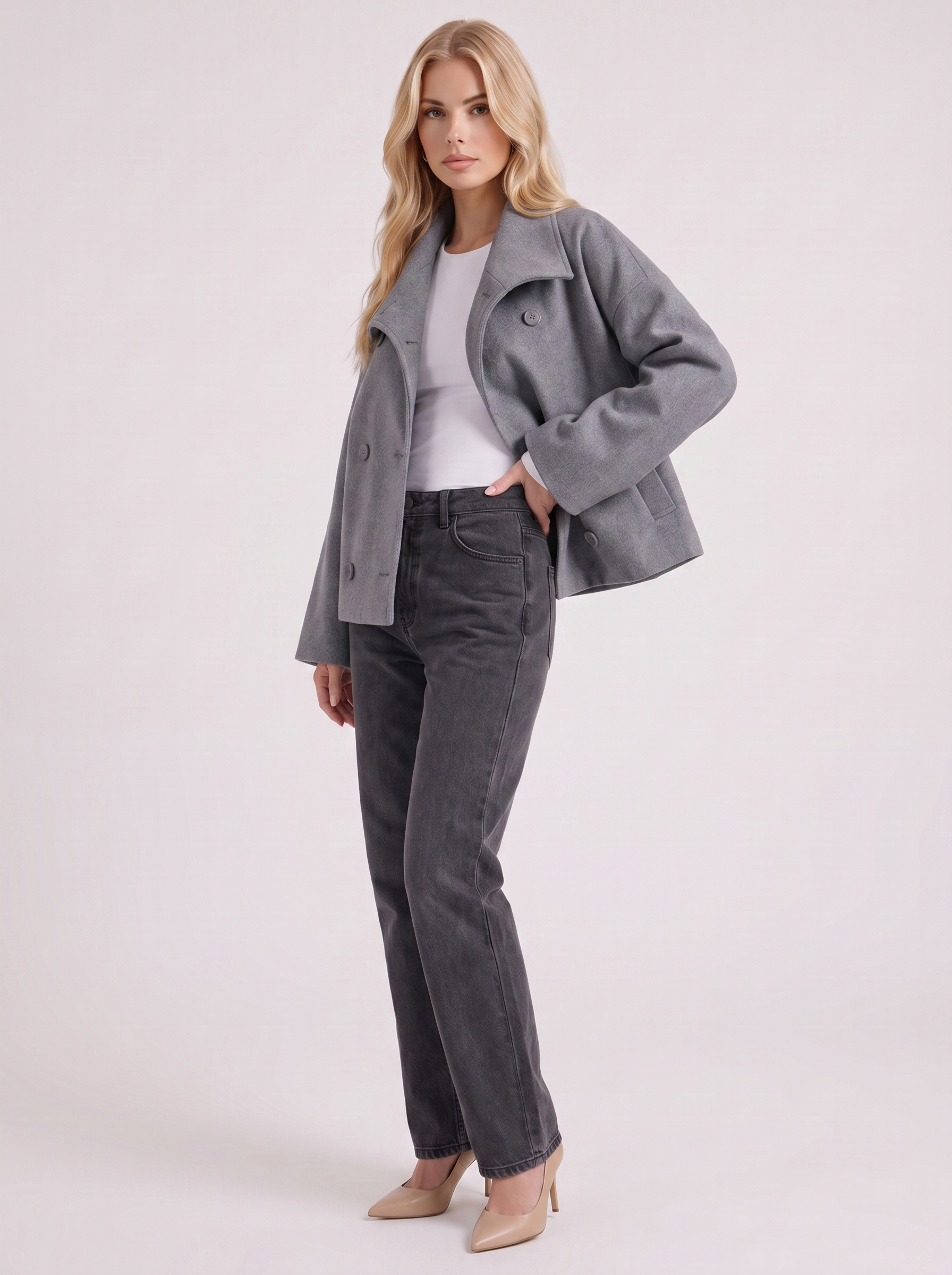 Pea Coat Womens Oversized Double Breasted Wool Blend Notch Collar