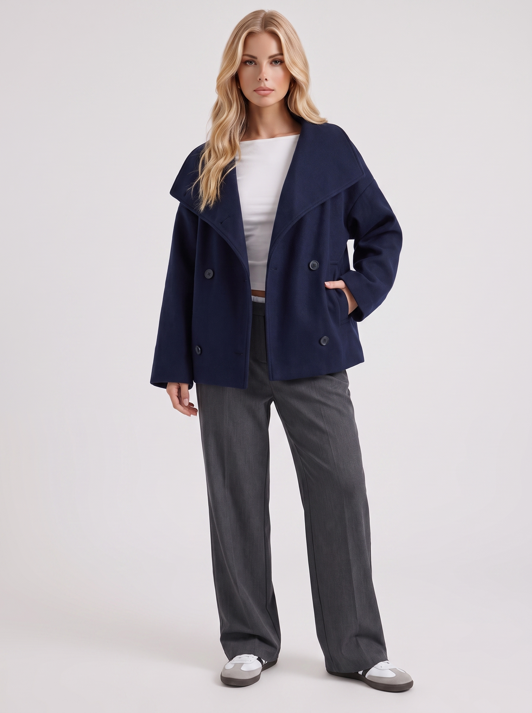 Pea Coat Womens Oversized Double Breasted Wool Blend Notch Collar