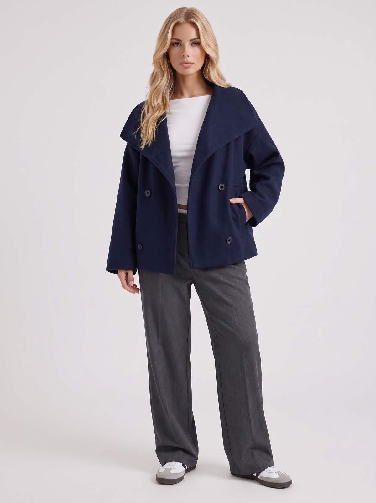 Pea Coat Womens Oversized Double Breasted Wool Blend Notch Collar