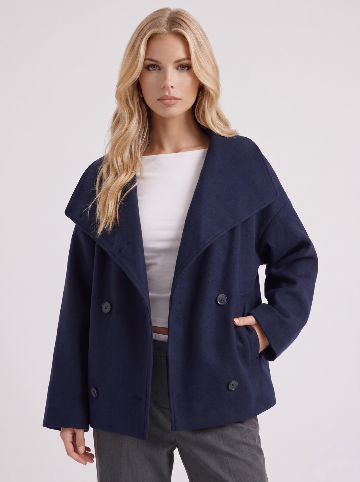 Pea Coat Womens Oversized Double Breasted Wool Blend Notch Collar