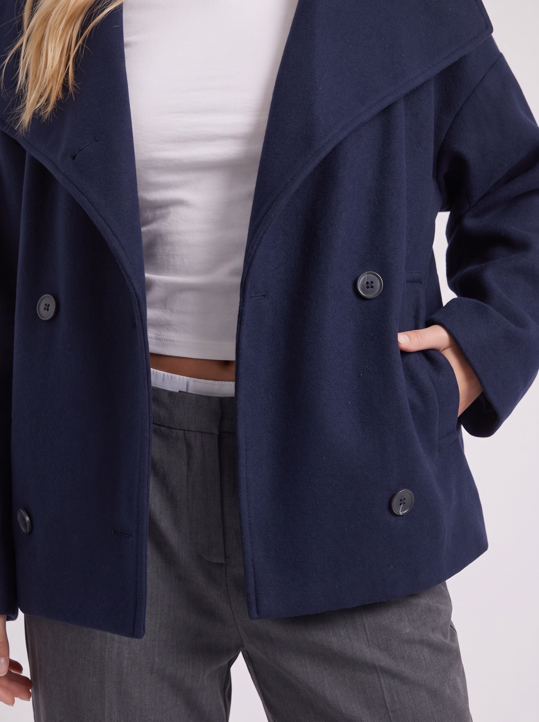 Pea Coat Womens Oversized Double Breasted Wool Blend Notch Collar