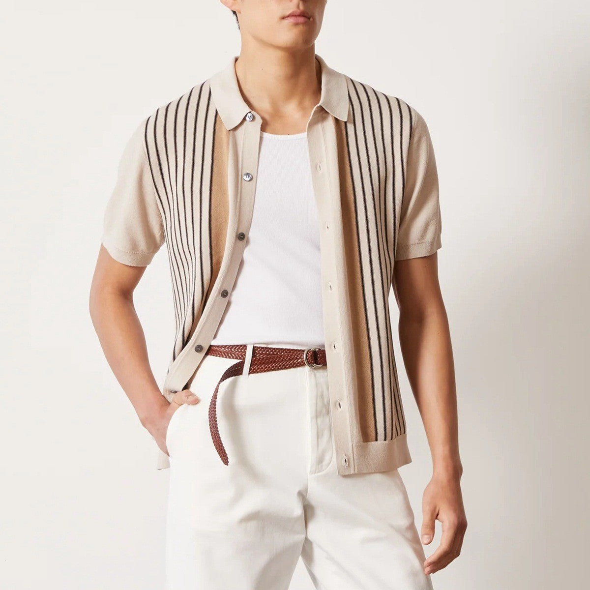 Vertical stripe soft knit button up shirt, view 2