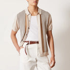 Vertical stripe soft knit button up shirt, view 2