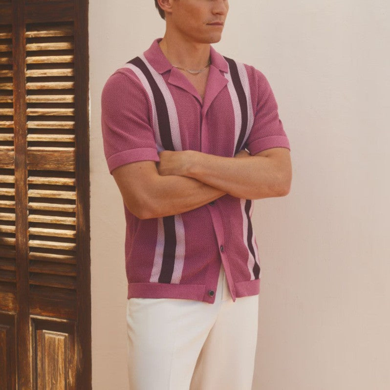 Vertical stripe crochet knit camp collar polo, view 4