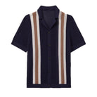 Vertical stripe crochet knit camp collar polo in black