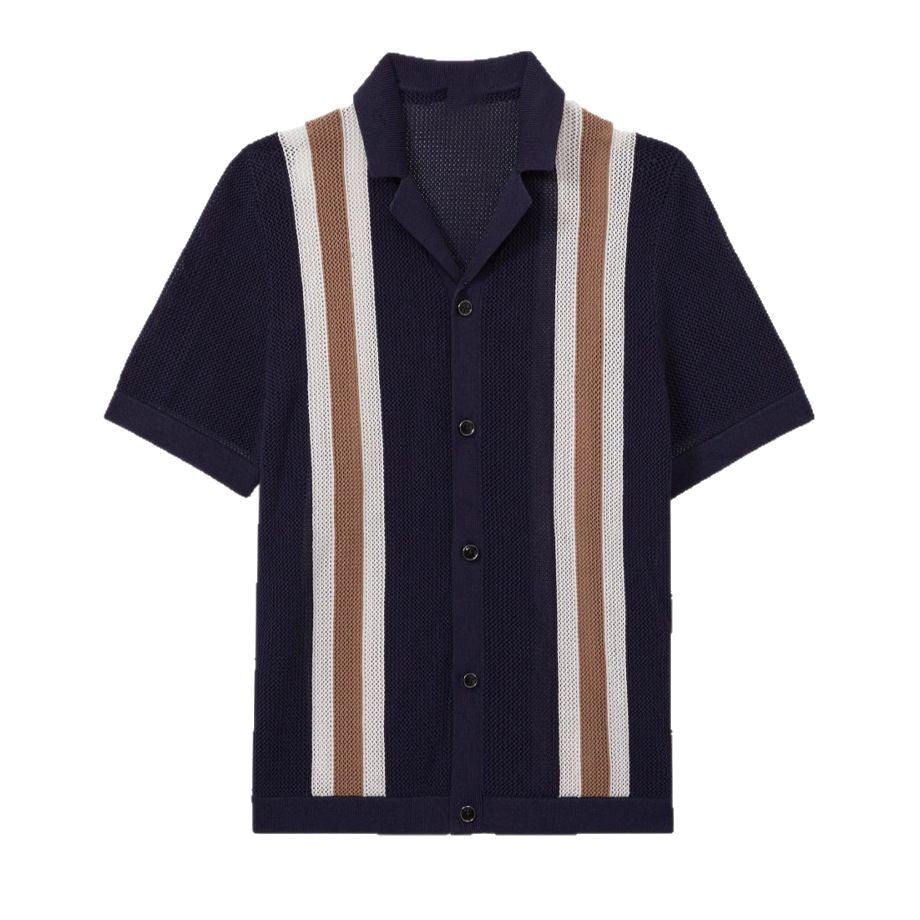 Vertical stripe crochet knit camp collar polo in black