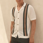Vertical stripe crochet knit camp collar polo, view 2