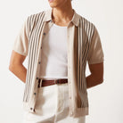 Vertical stripe soft knit button up shirt, view 3