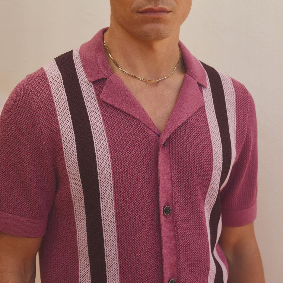 Vertical stripe crochet knit camp collar polo, view 5