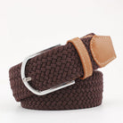 Braided canvas stretch belt with leather ends in dark brown