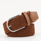 Braided canvas stretch belt with leather ends in brown