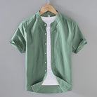 Band collar linen cotton short sleeve shirt in light green