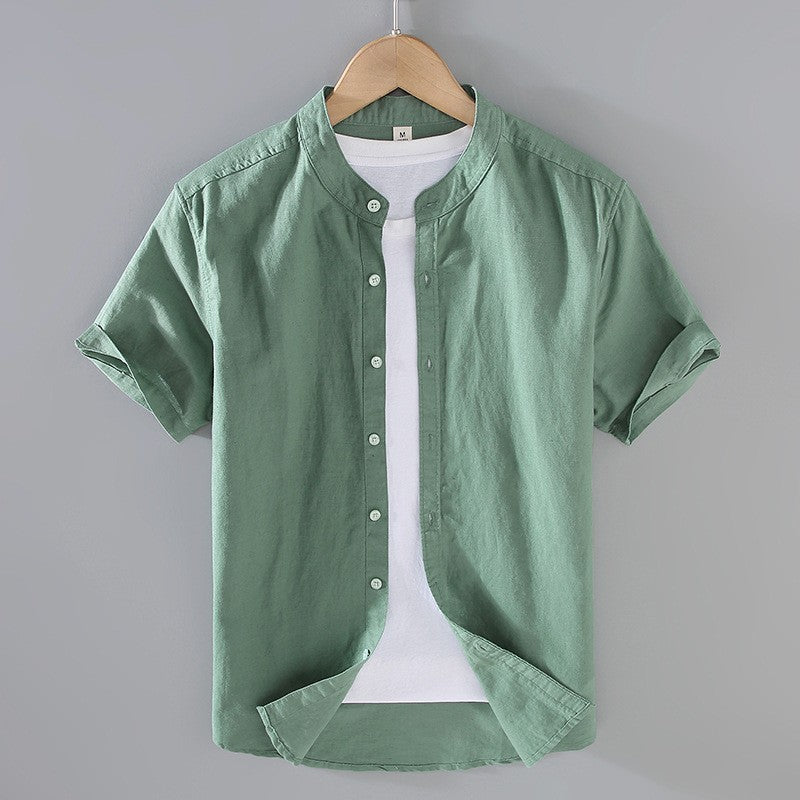 Band collar linen cotton short sleeve shirt in light green