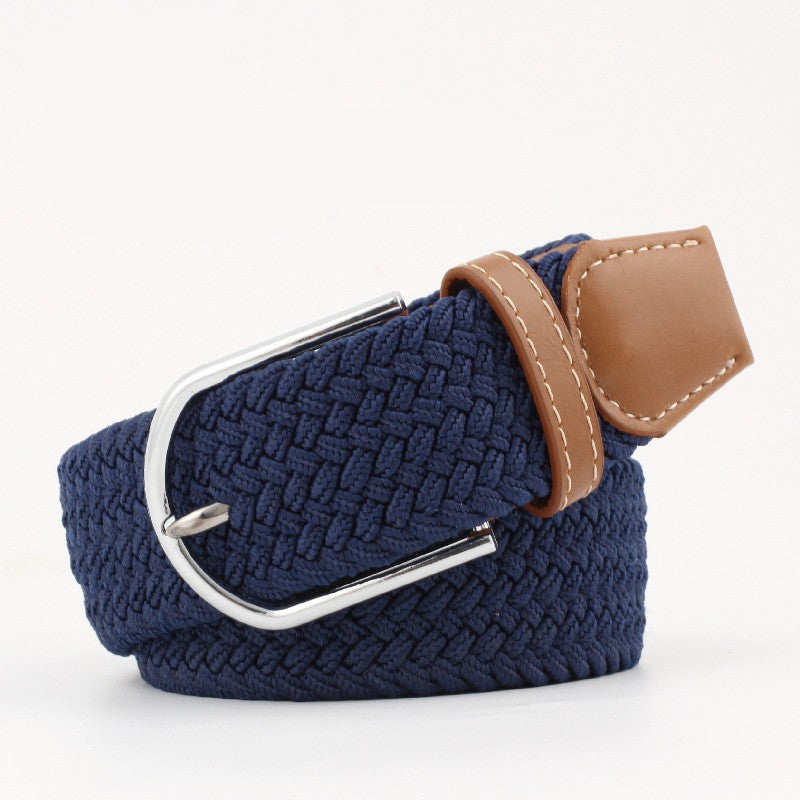 Braided canvas stretch belt with leather ends in navy