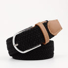 Braided canvas stretch belt with leather ends in black