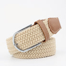 Braided canvas stretch belt with leather ends in champagne