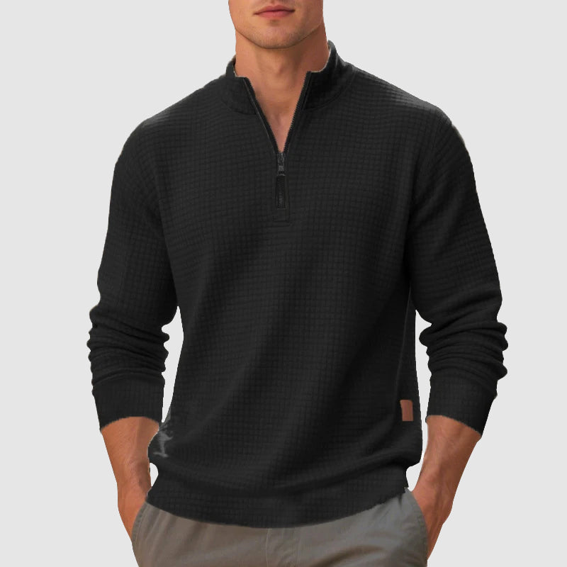 Fall Waffle Knit Mock Neck Quarter Zip Sweatshirt for Men in Black