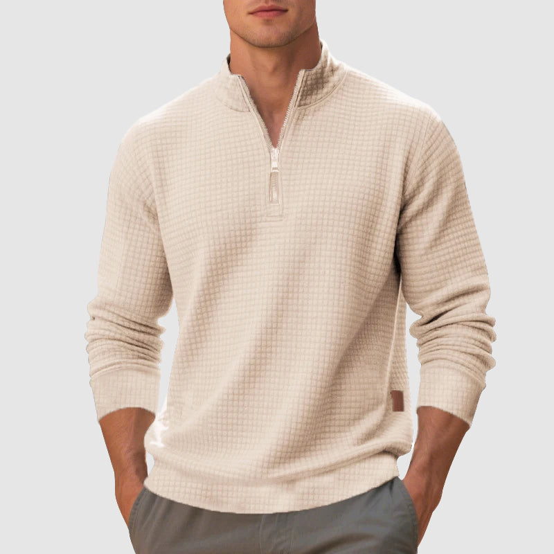 Fall Waffle Knit Mock Neck Quarter Zip Sweatshirt for Men in Beige