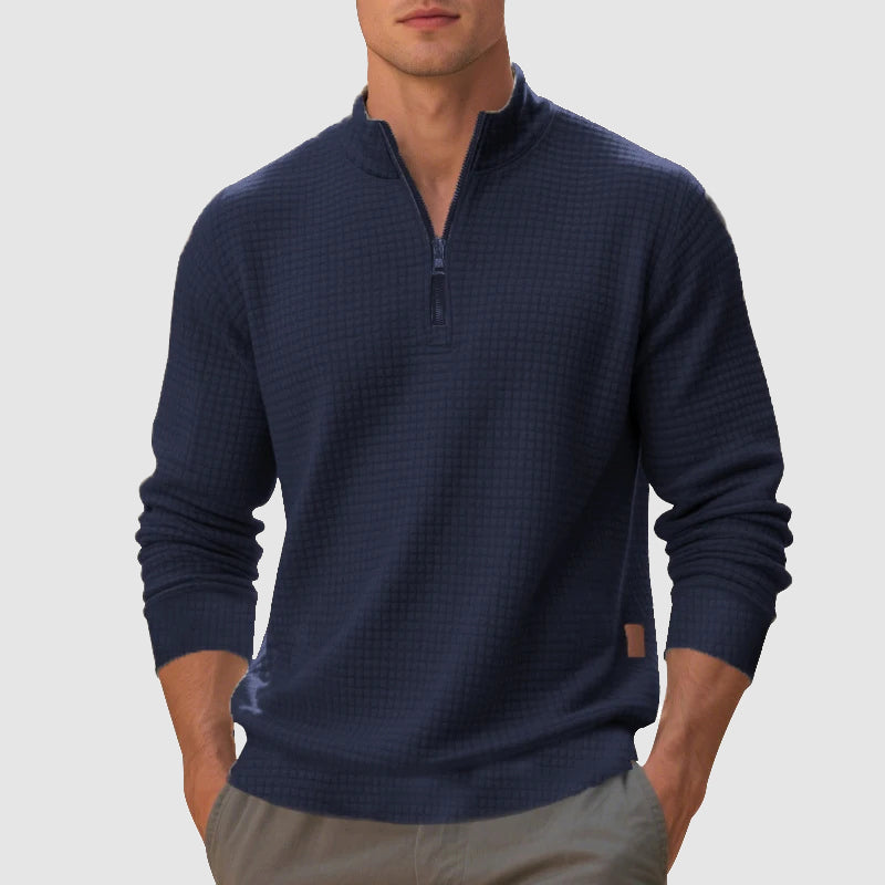 Fall Waffle Knit Mock Neck Quarter Zip Sweatshirt for Men in Blue