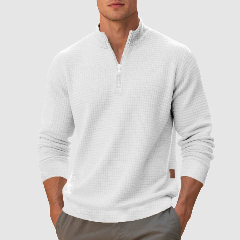 Fall Waffle Knit Mock Neck Quarter Zip Sweatshirt for Men in White