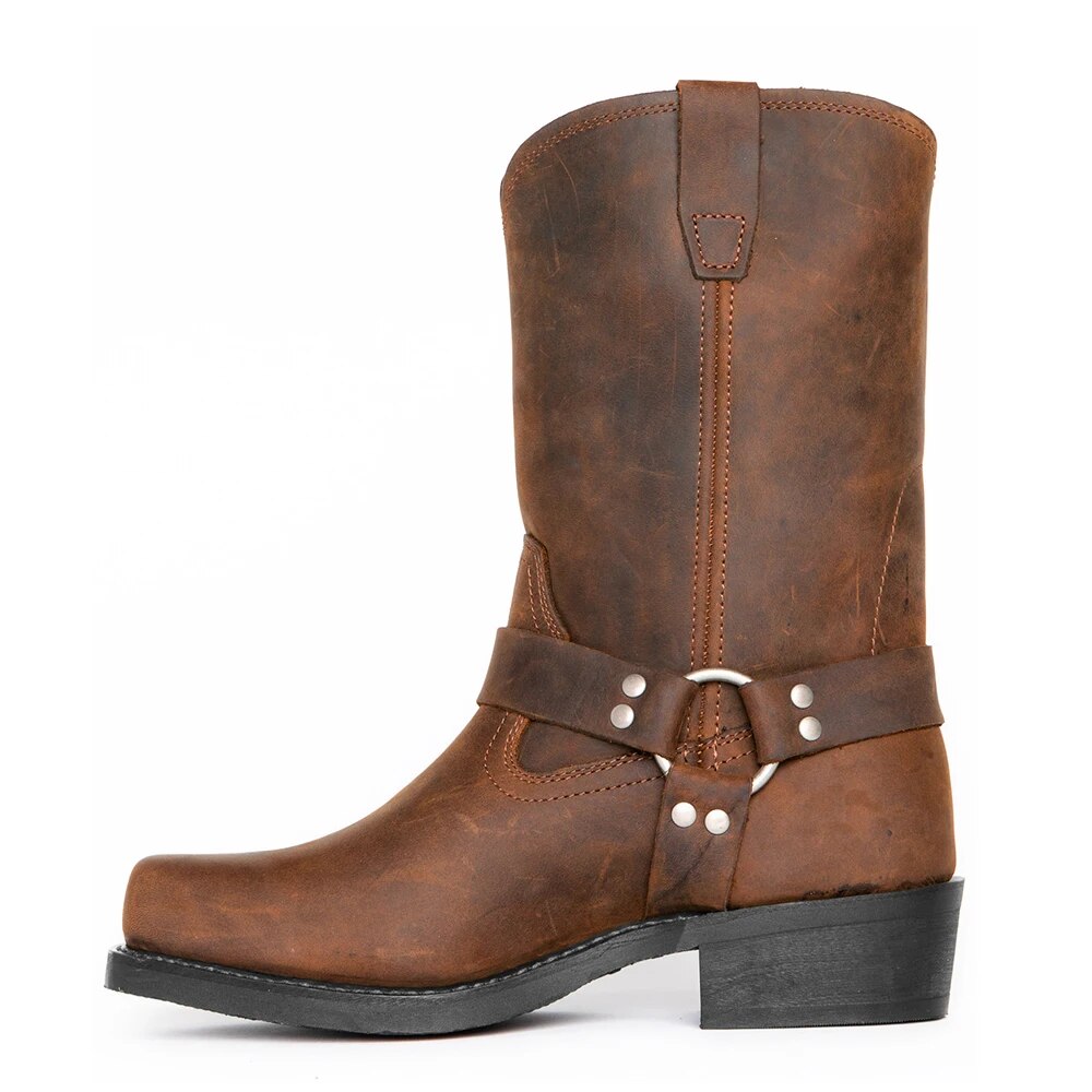 Men's Harness Cowboy Boots Western Square Toe Block Heel Pull-On