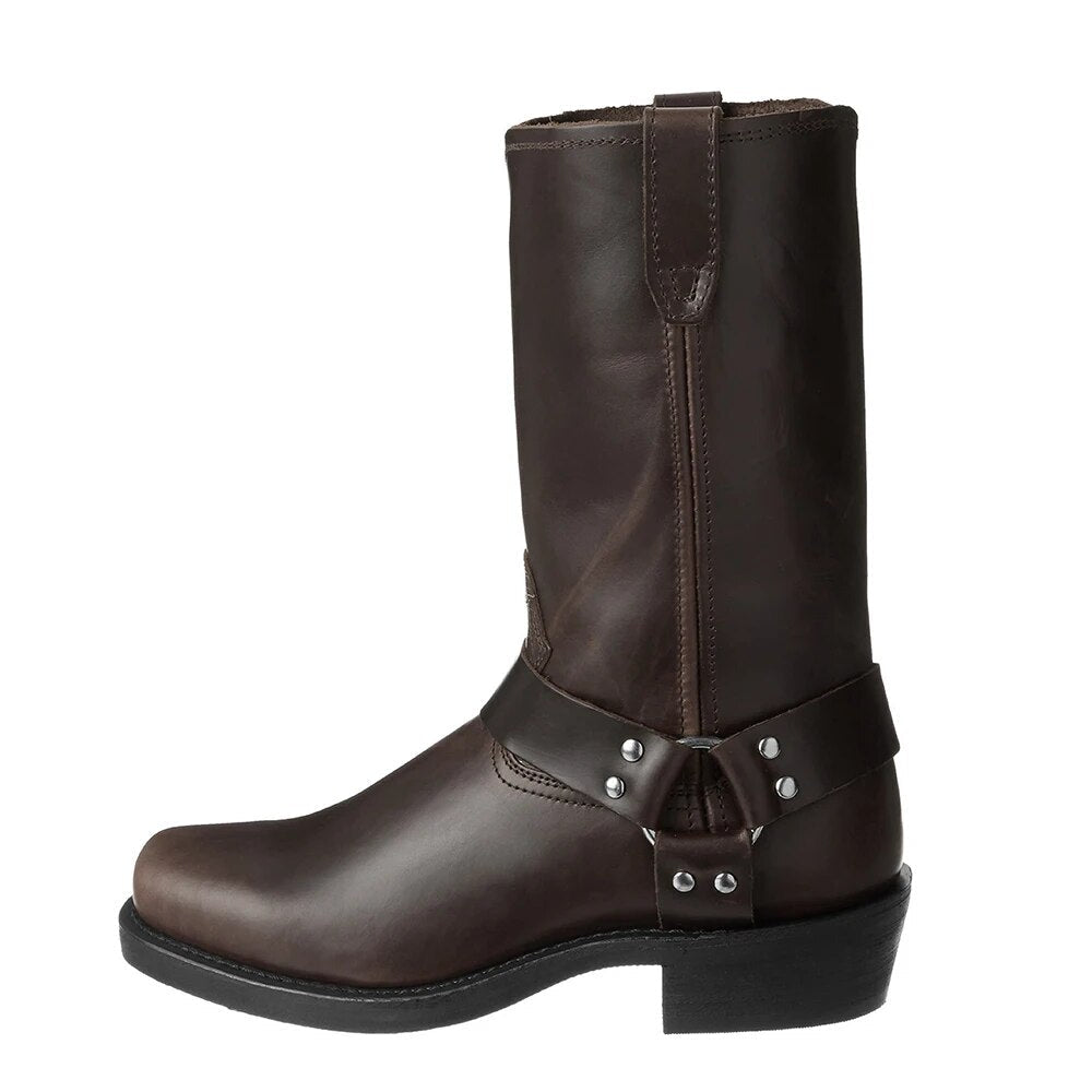 Men's Harness Cowboy Boots Western Square Toe Block Heel Pull-On