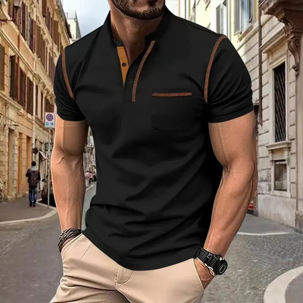 Men's Short Sleeve Polo Shirt Contrast Trim Chest Pocket