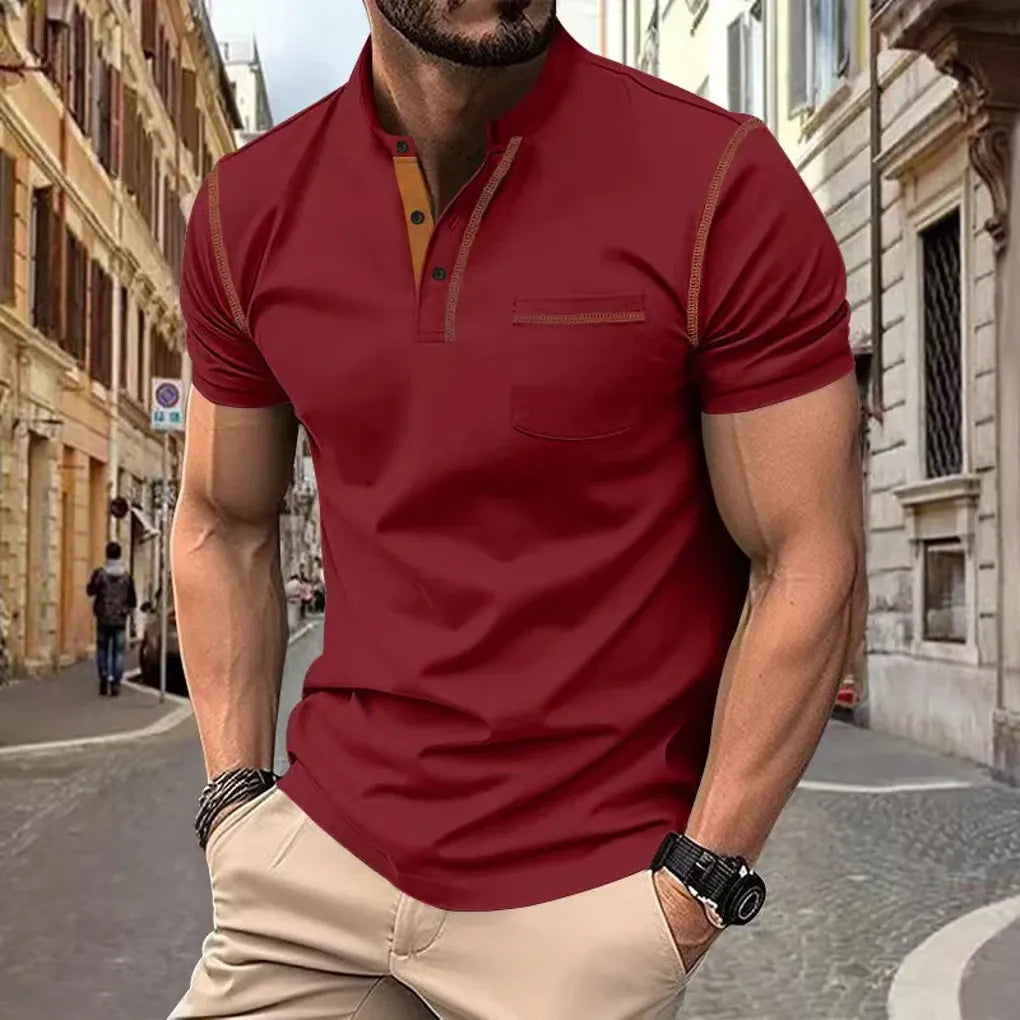Men's Short Sleeve Polo Shirt Contrast Trim Chest Pocket