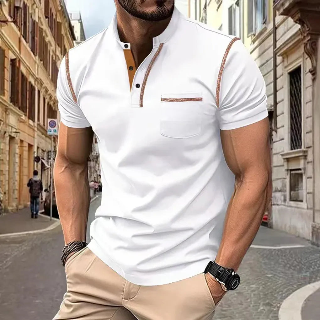 Men's Short Sleeve Polo Shirt Contrast Trim Chest Pocket