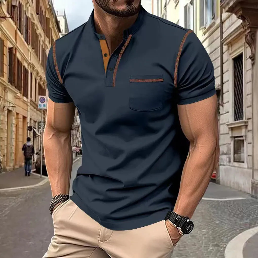 Men's Short Sleeve Polo Shirt Contrast Trim Chest Pocket