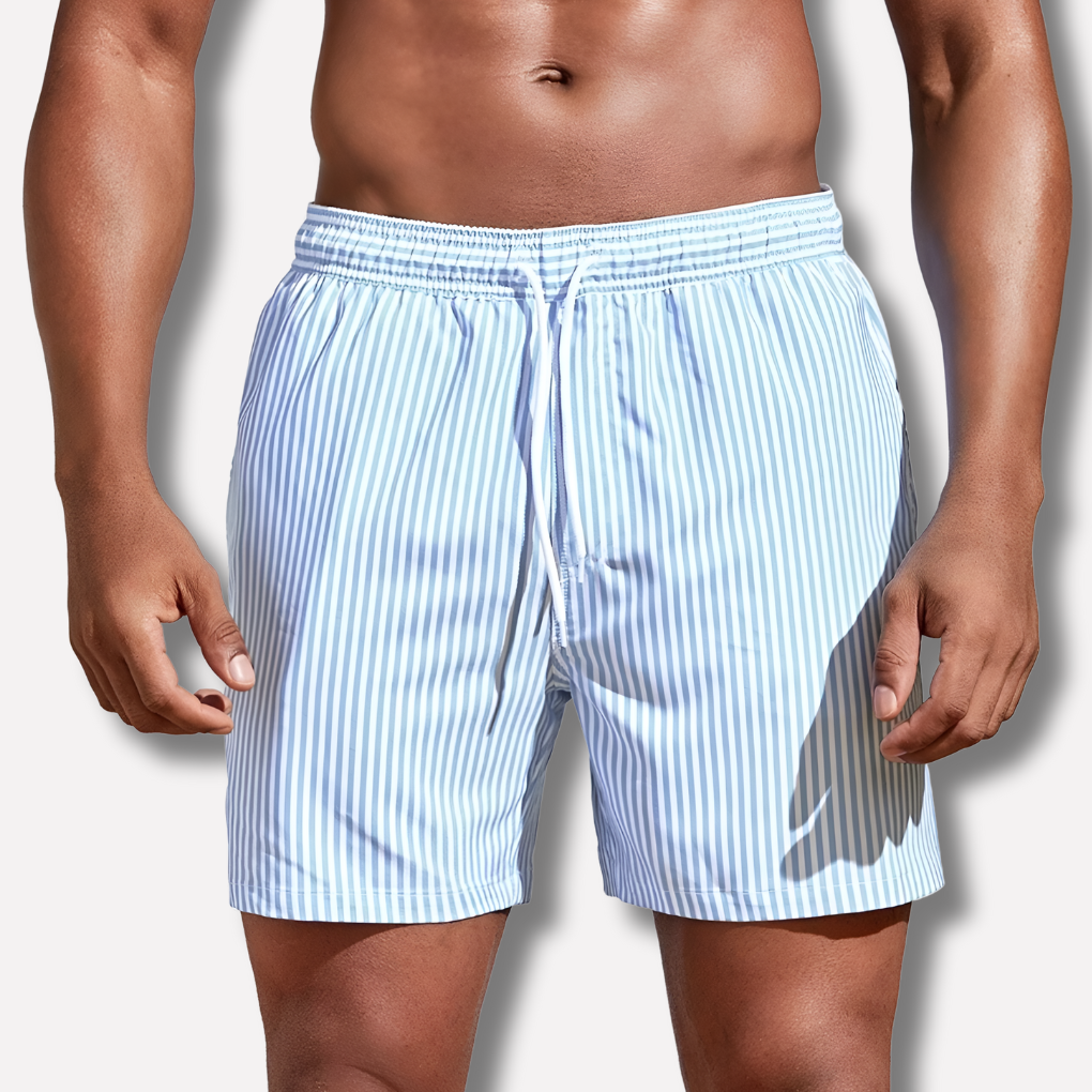 Men's Striped Beach Swimming Shorts Drawstring Waist