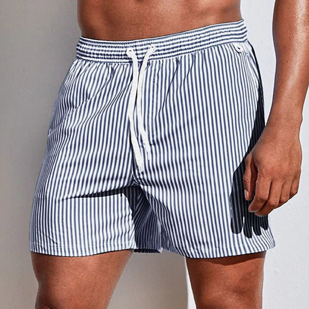 Men's Striped Beach Swimming Shorts Drawstring Waist