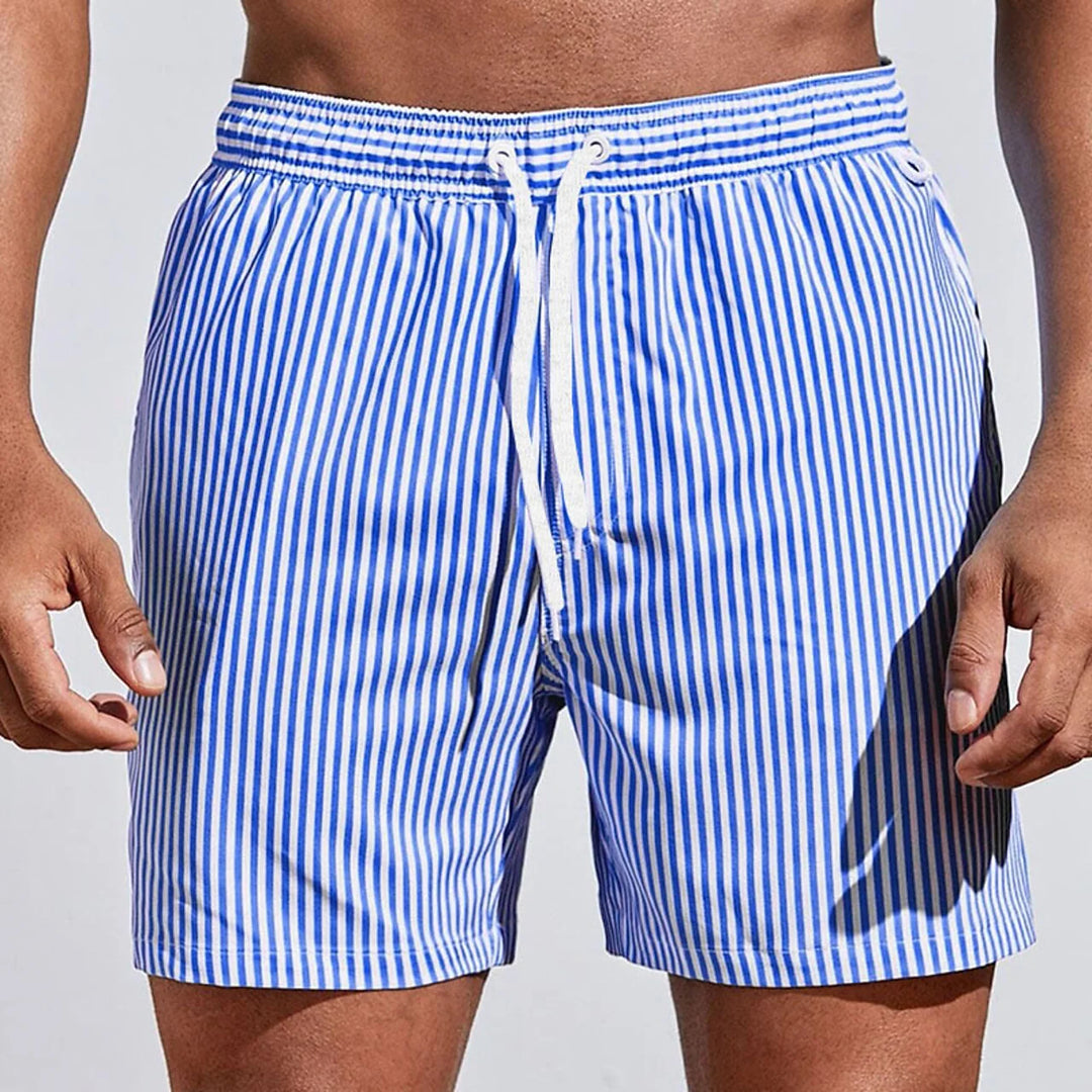 Men's Striped Beach Swimming Shorts Drawstring Waist