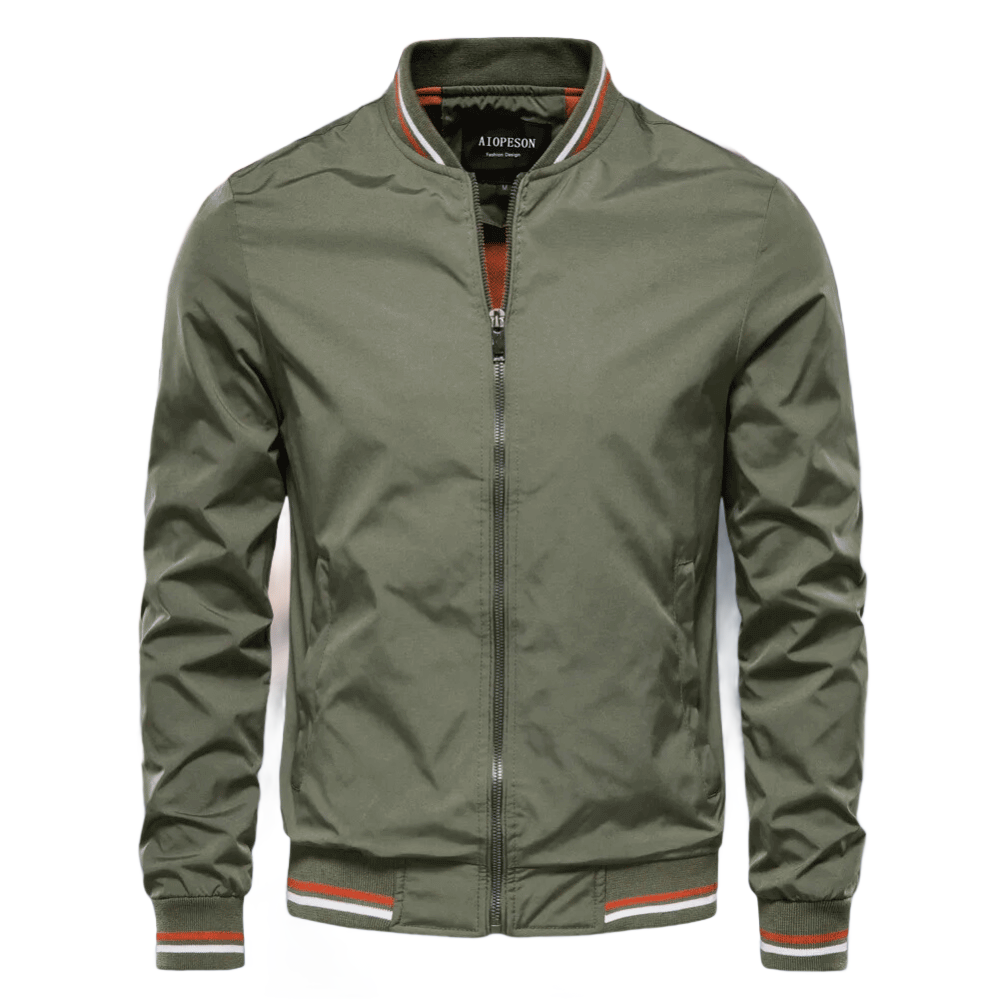 Men's Striped Rib Trim Zip-Up Bomber Jacket
