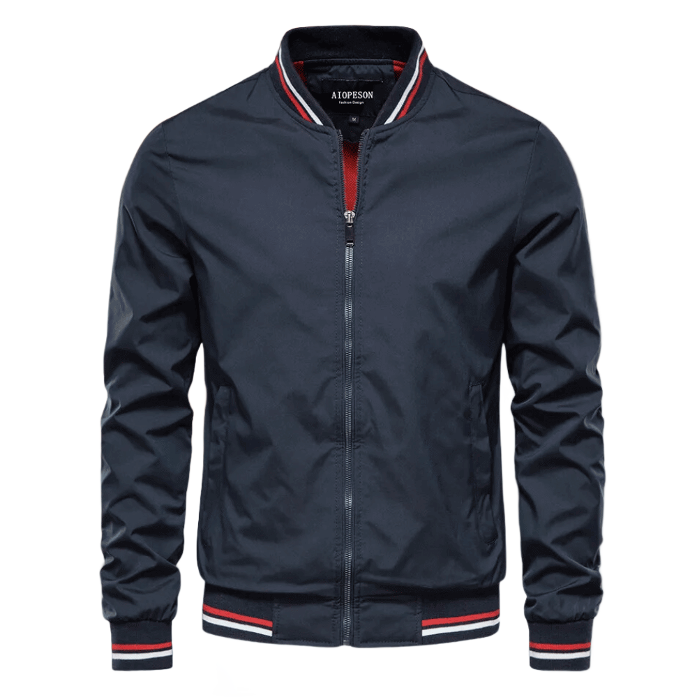 Men's Striped Rib Trim Zip-Up Bomber Jacket
