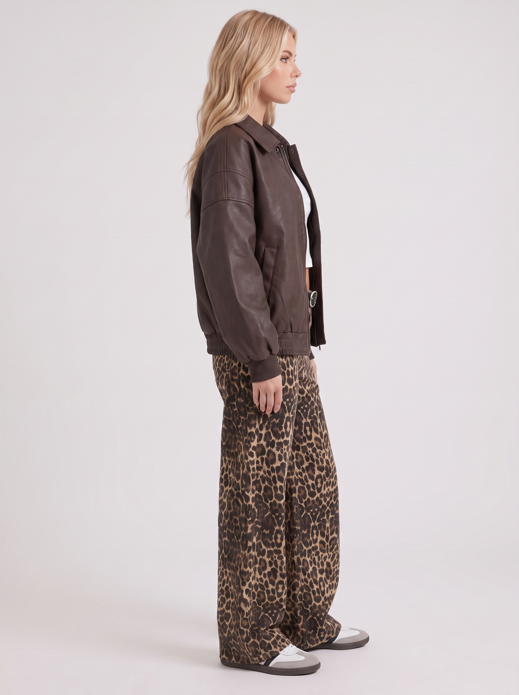 Bomber Jacket Womens Faux Leather Point Collar Snap Placket