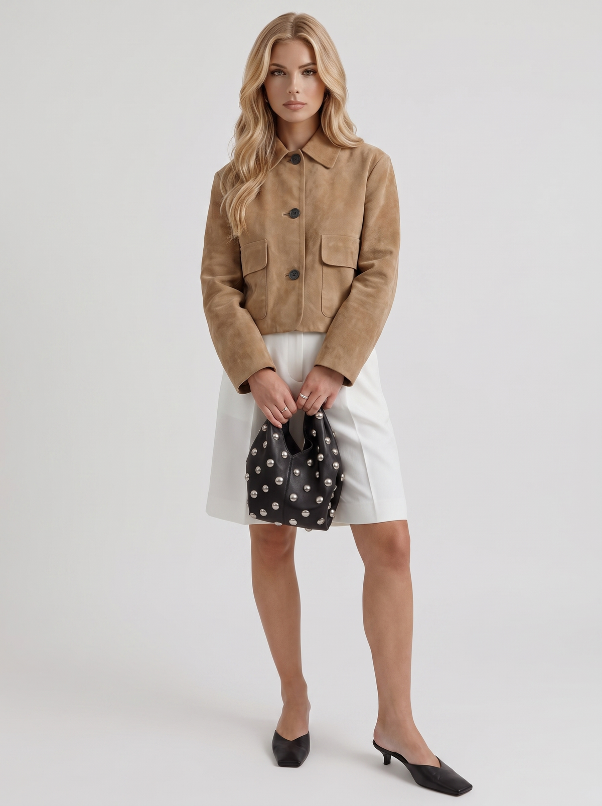 Faux Suede Jacket Womens Cropped Boxy Point Collar Flap Pockets
