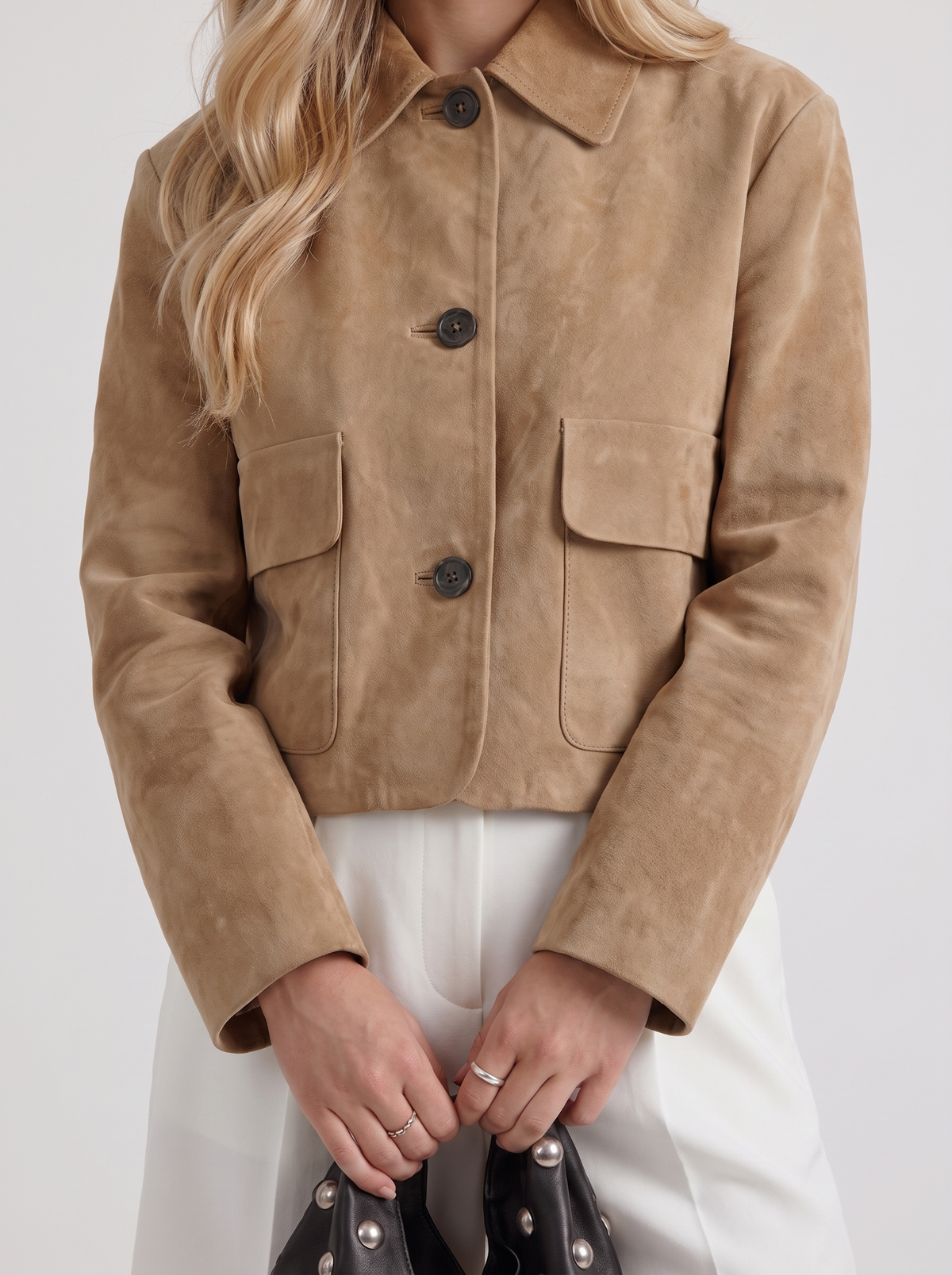 Faux Suede Jacket Womens Cropped Boxy Point Collar Flap Pockets