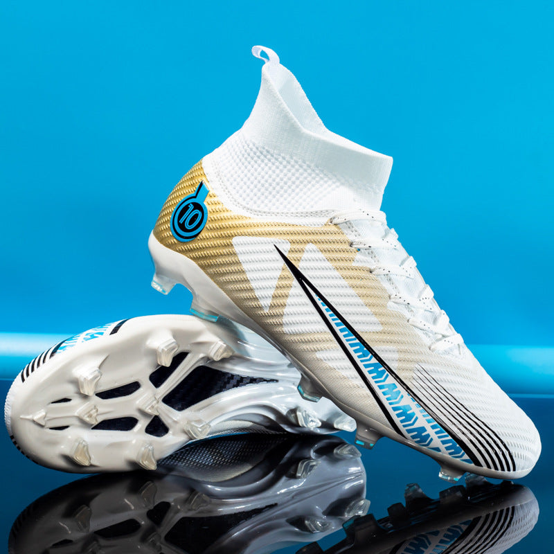 High Top Sock Collar AG Soccer Cleats for Men in White Studded Sole
