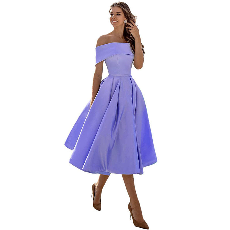 Satin Off Shoulder Pleated Midi Party Dress for Women in Lilac