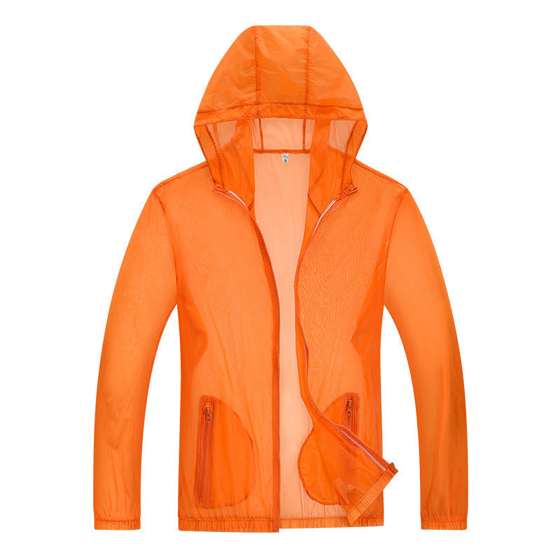 Ultralight hooded rain jacket with reflective trim in orange