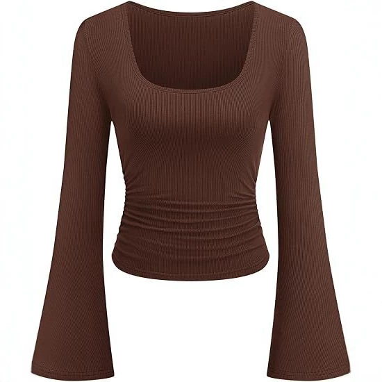 Women's Square Neck Long Sleeve Fitted Top Ruched