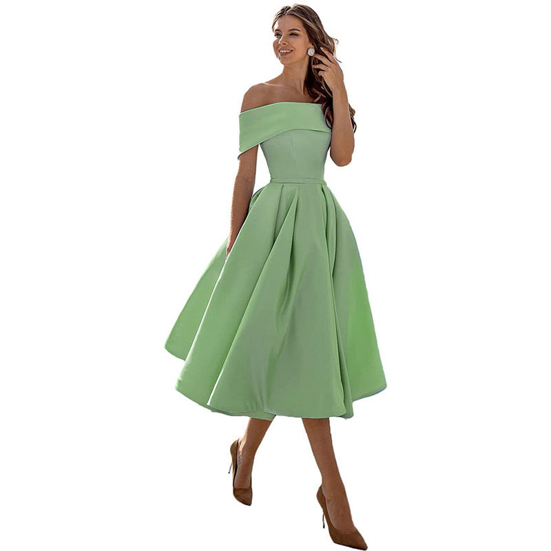 Satin Off Shoulder Pleated Midi Party Dress for Women in Sage Green
